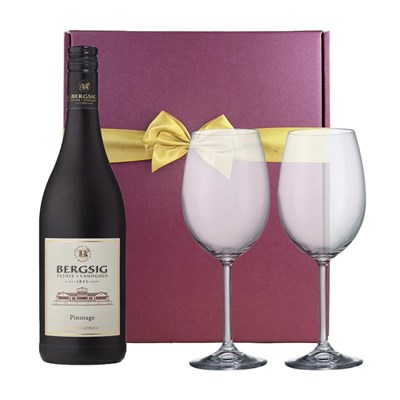 Bergsig Estate Pinotage 75cl Red Wine And Bohemia Glasses In A Gift Box